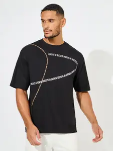 Styli Men Typography Printed Round Neck Oversized Pure Cotton T-shirt