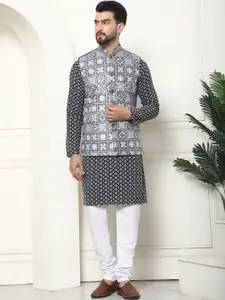 SOJANYA Embroidered Regular Thread Work Pure Cotton Kurta with Churidar & Nehru Jacket