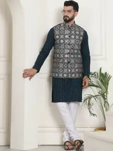 SOJANYA Embroidered Regular Sequinned Pure Cotton Kurta with Churidar & Nehru Jacket