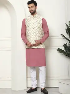 SOJANYA Regular Thread Work Pure Cotton Kurta with Churidar & Nehru Jacket