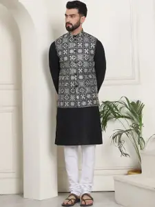 SOJANYA Mandarin Collar Pure Cotton Kurta With Churidar & Embroidered Nehru Jacket