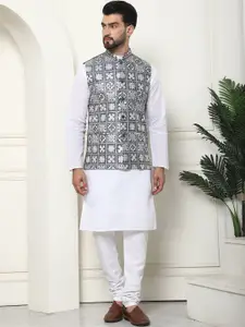 SOJANYA Embroidered Chikankari Pure Cotton Kurta With Churidar & Nehru Jacket