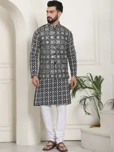 SOJANYA Embroidered Thread Work Cotton Silk Kurta With Churidar & Nehru Jacket