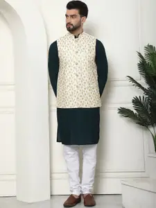 SOJANYA Checked Thread Work Pure Cotton Kurta With Churidar & Embroidered Nehru Jacket