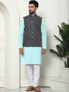 SOJANYA Regular Thread Work Pure Cotton Kurta with Churidar & Nehru Jacket