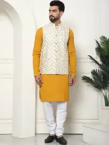 SOJANYA Embroidered Thread Work Pure Cotton Kurta With Churidar & Nehru Jacket