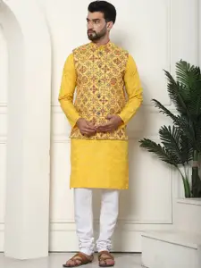 SOJANYA Foil Printed Pure Cotton Kurta With Churidar & Nehru Jacket