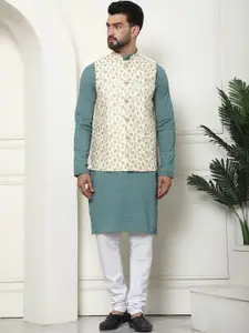 SOJANYA Floral Embroidered Regular Pure Cotton Kurta with Churidar & Nehru Jacket