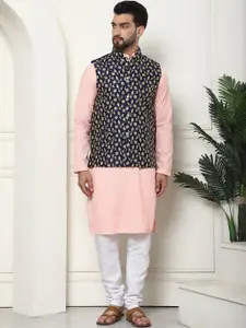 SOJANYA Checked Thread Work Pure Cotton Kurta With Churidar & Embroidered Nehru Jacket