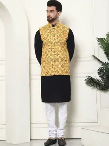 SOJANYA Floral Embroidered Thread Work Pure Cotton Kurta with Churidar & Nehru Jacket