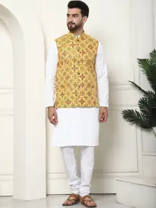 SOJANYA Geometric Embroidered Thread Work Pure Cotton Kurta With Churidar & Nehru Jacket