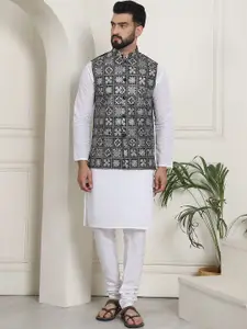 SOJANYA Embroidered Regular Thread Work Pure Cotton Kurta with Churidar & Nehru Jacket