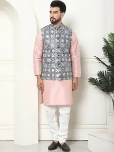 SOJANYA Striped Thread Work Regular Kurta with Churidar & Nehru Jacket