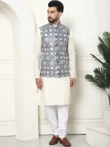 SOJANYA Geometric Embroidered Thread Work Cotton Silk Kurta With Churidar & Nehru Jacket