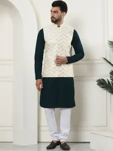 SOJANYA Checked Woven Design Pure Cotton Kurta With Churidar & Embroidered Nehru Jacket