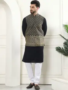 SOJANYA Checked Embroidered Thread Work Pure Cotton Kurta With Churidar & Nehru Jacket