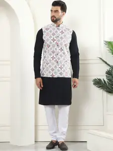 SOJANYA Checked Embroidered Thread Work Pure Cotton Kurta With Churidar & Nehru Jacket