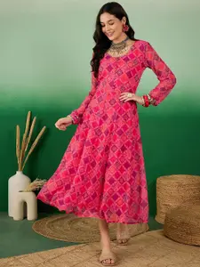 Sangria Bandhani Printed Embroidered Georgette Fit & Flare Ethnic Dress