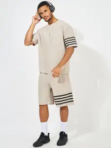 Styli Men Pique Knit Striped Oversized Tee & Shorts Co Ord Set