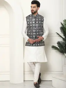 SOJANYA Mandarin Collar Kurta With Churidar & Embroidered Nehru Jacket