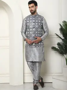 SOJANYA Mandarin Collar Kurta With Churidar & Embroidered Nehru Jacket