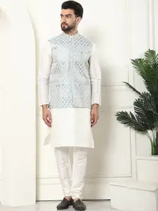 SOJANYA Mandarin Collar Kurta With Churidar & Embroidered Nehru Jacket