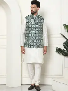 SOJANYA Mandarin Collar Silk Cotton Kurta With Churidar & Embroidered Nehru Jacket