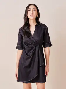 AND Solid Shirt Collar Neck Wrap Dress