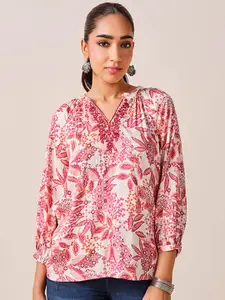 Global Desi Floral Printed Mandarin Collar Top