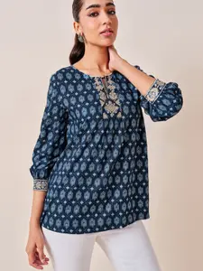 Global Desi viscose keyhole neck cuffed sleeves geometric printed A-Line Top