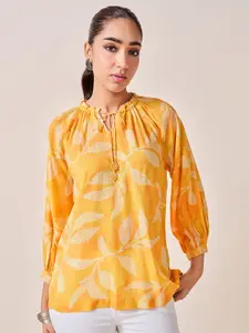Global Desi Women Ethnic Motifs Print Tie-Up Neck Puff Sleeve Top