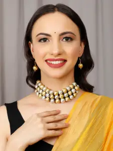 VIVAZS Brass Gold And Silver Plated Off White Multi Beaded Layered Necklace