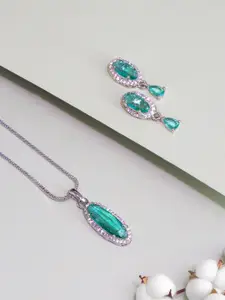 PRIVIU Rhodium Plated American Diamond Pendant & Earrings Set