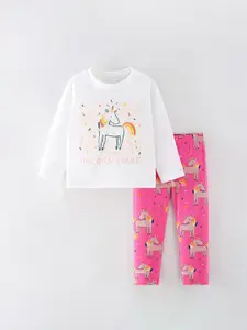 StyleCast Girls White Printed Pure Cotton T-shirt With Leggings