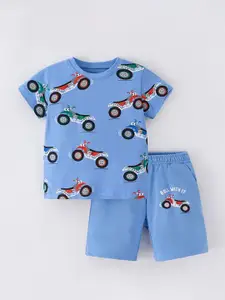 StyleCast Girls Blue Printed Pure Cotton T-shirt With Shorts