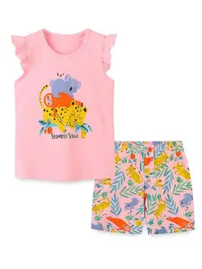 StyleCast Girls Pink & Yellow Printed Pure Cotton Top with Shorts