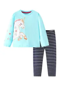 StyleCast Girls Blue Graphic Printed Pure Cotton T-shirt with Trousers