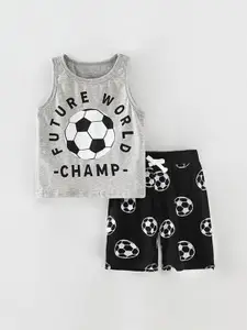 StyleCast Grey Boys Printed Sleeveless Pure Cotton T-shirt With Shorts