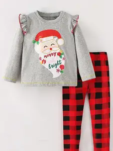 StyleCast Girls Grey & Red Printed Pure Cotton Top with Leggings
