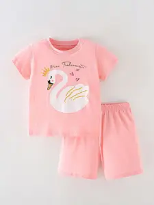 StyleCast Girls Pink Graphic Printed Pure Cotton Top with Shorts