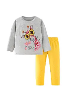 StyleCast Girls Grey Printed Pure Cotton Top With Leggings