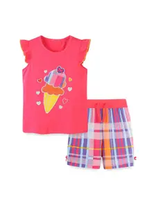 StyleCast Pink Girls Graphic Printed Pure Cotton Top With Shorts