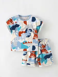 StyleCast Boys Blue Conversational Printed Pure Cotton T-shirt With Shorts