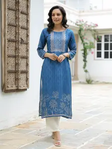 FASHOR Ethnic Motifs Printed Thread Work Straight Kurta