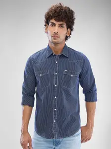 SPYKAR Men Striped Pocket Detailing Indigo Slim Fit Casual Shirt