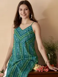 Anouk V Neck Sleeveless Bandhani Straight Kurta