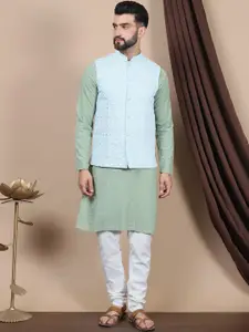 Anouk Blue Embroidered Straight Sequinned Pure Cotton Kurta with Churidar & Nehru Jacket