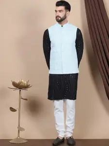 Anouk Embroidered Sequinned Pure Cotton Straight Kurta With Churidar & Nehru Jacket
