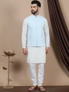 Anouk Floral Embroidered Regular Pure Cotton Straight Kurta With Churidar & Nehru Jacket