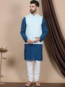 Anouk Floral Embroidered Regular Sequinned Pure Cotton Kurta With Churidar Nehru Jacket